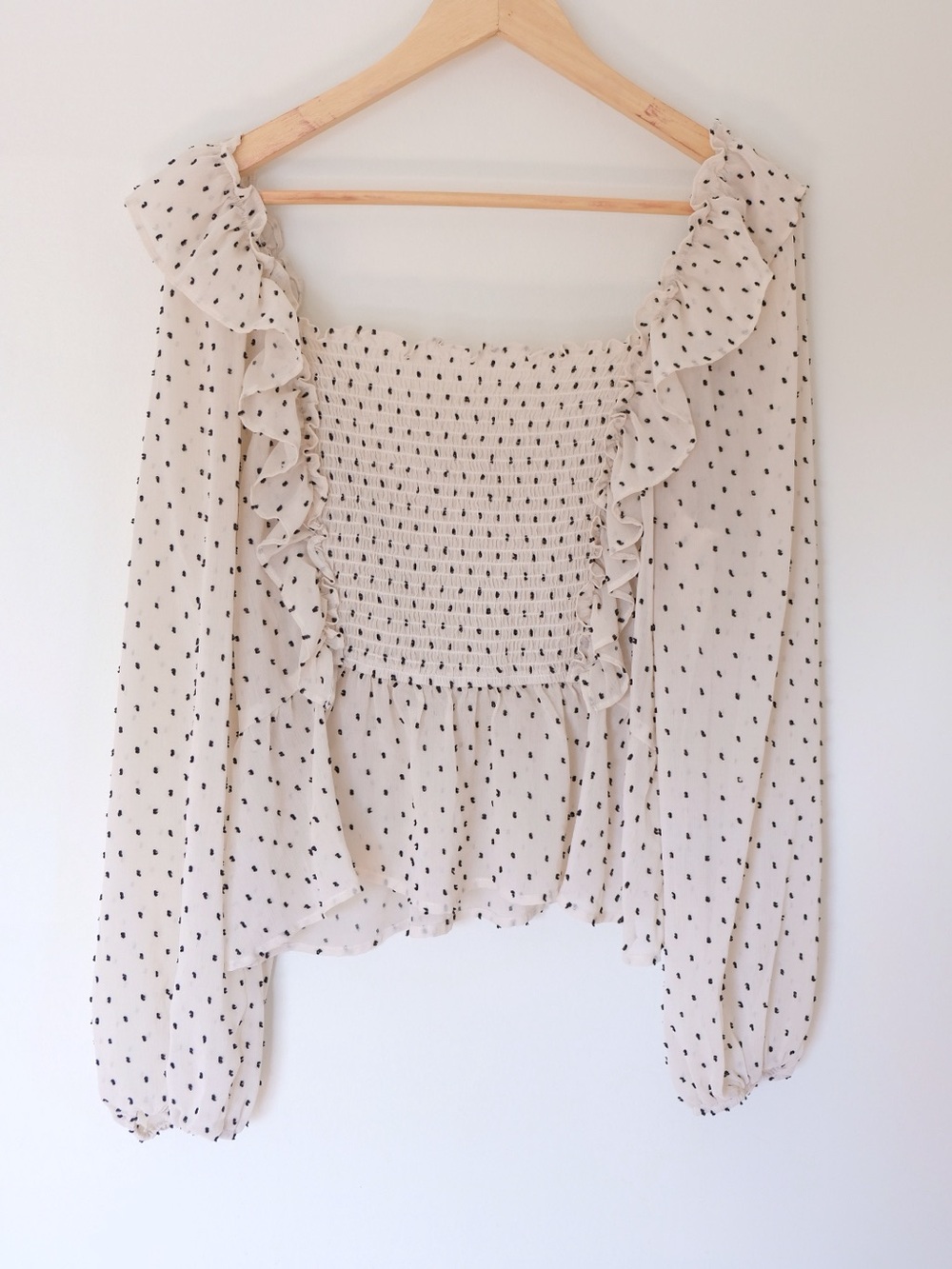 Cottagecore Coquette June & Hudson Smocked Polka Dot Ruffled Blouse Size L